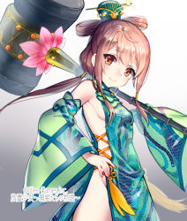 Rule 34 | 1girl, breasts, china dress, chinese clothes, company name, copyright name, cowboy shot, dress, gradient background, green dress, groin, hair tubes, hammer, holding, holding hammer, holding weapon, houchi shoujo, long hair, looking at viewer, official art, pelvic curtain, ponytail, sideboob, sidelocks, small breasts, solo, tamaki mitsune, thighs, watermark, weapon