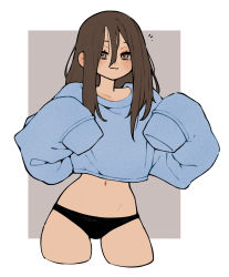 Rule 34 | 1girl, :3, absurdres, black panties, blue shirt, blush, border, brown eyes, brown hair, collarbone, colored sclera, dayo34, film grain, grey sclera, hair between eyes, heart, heart-shaped pupils, highres, long hair, long sleeves, looking at viewer, midriff, navel, original, oversized clothes, oversized shirt, panties, shirt, sleeves past fingers, sleeves past wrists, solo, symbol-shaped pupils, underwear, white border