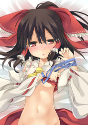 Rule 34 | 1girl, ascot, blush, bottomless, bow, breasts, brown eyes, brown hair, chestnut mouth, clothes lift, detached sleeves, entangled, hair bow, hair tubes, hakurei reimu, half-closed eyes, long sleeves, lying, navel, on back, open mouth, out-of-frame censoring, shirt lift, skirt, unworn skirt, small breasts, solo, tororo (toriaezu), touhou, underboob, wide sleeves