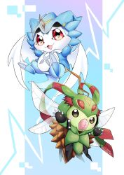 Rule 34 | 2others, chibimon, cosplay, digimon, digimon (creature), highres, looking at viewer, mask, minomon, multiple others, stingmon, stingmon (cosplay), wings, xv-mon, xv-mon (cosplay)