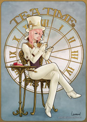Rule 34 | 10s, 1girl, cake, ascot, cup, final fantasy, final fantasy xiii, food, hat, high heels, lightning farron, lightning returns: final fantasy xiii, lowenael, pink hair, sitting, solo, steampunk, table, teacup, top hat