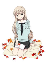 Rule 34 | 1boy, androgynous, arm support, autumn leaves, book, bookmark, brown hair, crossdressing, full body, head tilt, leaf, long hair, long sleeves, looking at viewer, male focus, montanyaoh, november, original, ribbon, seiza, simple background, sitting, skirt, smile, solo, sweater, trap, white background