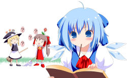 Rule 34 | 3girls, ?, ahoge, blonde hair, blue eyes, blue hair, blush, book, bow, braid, broom, brown hair, cirno, detached sleeves, flower, food, hakurei reimu, hat, japanese clothes, kirisame marisa, miko, multiple girls, mushroom, namamo nanase, open book, open mouth, pocky, reading, role reversal, short hair, speech bubble, embodiment of scarlet devil, touhou, wings, witch, witch hat