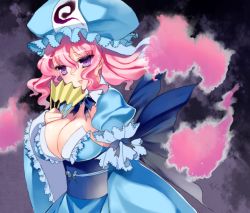 Rule 34 | 1girl, adapted costume, bad id, bad pixiv id, breasts, cleavage, cleavage cutout, clothing cutout, cosmos (the crying moon), hand fan, female focus, folding fan, hat, japanese clothes, large breasts, no bra, obi, pink hair, purple eyes, saigyouji yuyuko, sash, short hair, solo, touhou