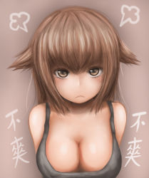 1girl :&lt; absurdres bad_id bad_pixiv_id breasts brown_eyes brown_hair chinese_text cleavage female_focus greenteaneko highres large_breasts looking_at_viewer pout short_hair simple_background solo translation_request