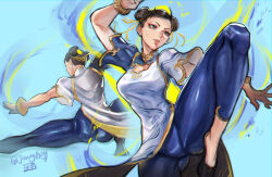 Rule 34 | 1girl, absurdres, artist name, ass, blue pants, bracelet, breasts, brown eyes, brown hair, capcom, china dress, chinese clothes, chun-li, commentary, double bun, dress, earrings, fighting stance, from behind, gold trim, hair bun, highres, jewelry, juaag acgy, leg up, lips, looking away, makeup, medium breasts, pants, sandals, short sleeves, signature, simple background, skin tight, smile, street fighter, street fighter 6, thighs
