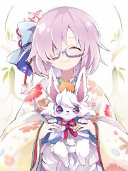 Rule 34 | 1girl, :3, animal, bad id, bad pixiv id, blue-framed eyewear, blue bow, bow, captain yue, closed eyes, commentary request, creature, fate/grand order, fate (series), flower, flower (symbol), food, food on head, fou (fate), fruit, fruit on head, glasses, hair bow, hair flower, hair ornament, hair over one eye, holding, holding animal, japanese clothes, kimono, long sleeves, looking at viewer, mash kyrielight, mash kyrielight (irohanihoheto), object on head, official alternate costume, pink hair, purple eyes, red neckwear, red ribbon, ribbon, short hair, smile, solo, upper body, wide sleeves