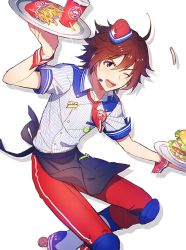 Rule 34 | 10s, 11kkr, 1boy, ahoge, alternate costume, amagase touma, apron, badge, brown hair, cup, disposable cup, drop shadow, employee uniform, food, french fries, burger, highres, idolmaster, idolmaster side-m, knee pads, male focus, microphone, notepad, one eye closed, pants, paper hat, pen, pinstripe pattern, plate, red pants, roller skates, short hair, simple background, skates, smile, solo, uniform, waist apron, white background, wrist cuffs
