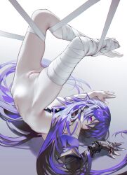 Rule 34 | 1girl, acheron (honkai: star rail), bandaged leg, bandages, barefoot, censored, chain, commentary request, detached sleeves, gloves, gradient background, grey background, highres, honkai: star rail, honkai (series), iumu, long hair, looking at viewer, mechanical spine, mosaic censoring, navel, nude, partially fingerless gloves, purple eyes, purple hair, pussy, sidelocks, single detached sleeve, suspension, thighs, very long hair