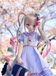 Rule 34 | 1girl, belt, blonde hair, blue bow, blue dress, blue eyes, blue hair, blush, bow, briefcase, cherry blossoms, chouzetsusaikawa tenshi-chan, cowboy shot, day, doll, doll joints, dress, hair bow, hand up, highres, holding, holding briefcase, joints, long hair, multicolored hair, multiple hair bows, necktie, needy girl overdose, open mouth, outdoors, pink bow, pink hair, pink necktie, purple bow, quad tails, sailor dress, school briefcase, sidelocks, smile, solo, star (symbol), tree, unconventional media, very long hair
