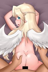 Rule 34 | 1girl, all fours, angel, angel wings, ass, ass grab, back, bar censor, blonde hair, blue eyes, censored, doggystyle, from above, halo, heavy breathing, hetero, highres, ilias, long hair, looking back, mon-musu quest!, open mouth, pointy ears, sex, sex from behind, solo focus, thundragon, vaginal, wings