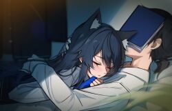 Rule 34 | 1boy, 1girl, animal ears, arknights, bed, black coat, black hair, blue gloves, blurry, blurry foreground, blush, book, book on head, closed eyes, clothes, coat, commentary, covering face, doctor (arknights), fingerless gloves, gloves, hand on another&#039;s head, highres, indoors, long hair, long sleeves, lying, lying on person, male doctor (arknights), object on head, on back, plant, shirt, shokuyou koori, short ponytail, swept bangs, texas (arknights), texas the omertosa (arknights), white shirt, wolf ears, wolf girl