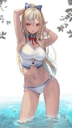 Rule 34 | 1girl, armpits, arms up, bikini, blonde hair, breasts, cleavage, collar, dark-skinned female, dark skin, dripping, elf, hair ribbon, highres, hololive, in water, looking at viewer, medium breasts, navel, open mouth, pi tayuko, pointy ears, ponytail, red eyes, ribbon, shiranui flare, shiranui flare (1st costume), solo, swimsuit, tan, virtual youtuber, wading, water, wet