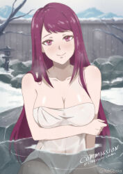 Rule 34 | 1girl, absurdres, bare shoulders, bath, bathing, blush, breasts, cleavage, closed mouth, commission, covered navel, embarrassed, fire emblem, fire emblem engage, highres, ivy (fire emblem), long hair, looking at viewer, medium breasts, mole, mole under mouth, naked towel, nintendo, purple eyes, purple hair, smile, solo, tak0baka, towel, very long hair, water, wet, white towel