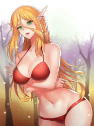 Rule 34 | 1girl, bad id, bad pixiv id, blonde hair, blood elf (warcraft), breasts, cleavage, elf, green eyes, hearthstone, hsd, large breasts, long hair, looking at viewer, navel, pointy ears, solo, swimsuit, valeera sanguinar, warcraft, world of warcraft
