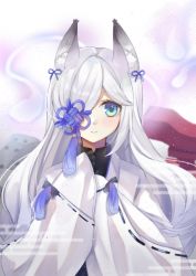 Rule 34 | 1girl, animal ear fluff, animal ears, azur lane, black gloves, blue eyes, blush, commentary request, gloves, highres, japanese clothes, kasumi (azur lane), kimono, long hair, long sleeves, looking at viewer, ougi (u to4410), sleeves past wrists, smile, solo, standing, very long hair, white hair, wide sleeves