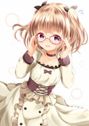 Rule 34 | 1girl, adjusting eyewear, black bow, black choker, black ribbon, blush, bow, brown dress, brown hair, choker, collarbone, commentary request, dress, flying sweatdrops, frilled dress, frills, glasses, hair ribbon, hands up, highres, iijima yun, juliet sleeves, long sleeves, looking at viewer, new game!, open mouth, puffy sleeves, purple eyes, red-framed eyewear, ribbon, solo, two side up, xenon (for achieve)