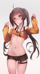 Rule 34 | 1girl, absurdres, ahoge, arms up, bare shoulders, black shorts, blue eyes, bra strap, breasts, brown hair, cowboy shot, crop top, dog tags, gluteal fold, grin, highres, hololive, kana616, long hair, long sleeves, looking at viewer, micro shorts, midriff, natsuiro matsuri, natsuiro matsuri (gaming casual), navel, off shoulder, shirt, short shorts, shorts, simple background, small breasts, smile, solo, standing, stomach, thigh strap, thighs, twintails, very long hair, virtual youtuber, white background, yellow shirt