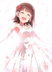 Rule 34 | 1girl, amami haruka, bow, brown hair, choker, closed eyes, crying, crying with eyes open, dars (recolors), dress, earrings, elbow gloves, flower, gloves, hair flower, hair ornament, head tilt, idolmaster, idolmaster (classic), jewelry, open mouth, outstretched arm, red flower, red rose, ribbon, ribbon choker, rose, short hair, simple background, sleeveless, sleeveless dress, smile, solo, standing, tears, wedding dress, white background, white bow, white dress, white gloves, white ribbon
