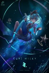 Rule 34 | 1girl, blue eyes, blue hair, character name, cure milky, fetal position, floating, hagoromo lala, highres, holding, holding pen, looking at viewer, magical girl, medium hair, pen, precure, sky, solo, star (sky), star twinkle precure, starry sky, yutori (clockwork chicken)