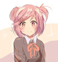 Rule 34 | 1girl, artist name, bad id, bad pixiv id, blush, bow, bowtie, breasts, brown background, brown sweater, close-up, closed mouth, commentary, doki doki literature club, dress shirt, english commentary, furrowed brow, gradient background, hair ornament, hair ribbon, highres, humannose, long sleeves, looking at viewer, motion lines, natsuki (doki doki literature club), neck ribbon, pink bow, pink bowtie, pink eyes, pink hair, pink ribbon, portrait, ribbon, school uniform, shirt, short hair, sketch, small breasts, smile, solo, sparkle, sweater, swept bangs, two side up, upper body, white background, white shirt, x hair ornament