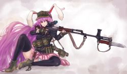 Rule 34 | 1girl, animal ears, bad id, bad pixiv id, bayonet, boots, bullpup, communism, dragunov svd, female focus, gun, hammer and sickle, holding, holding gun, holding weapon, long hair, nail polish, panties, panzer (p.z), purple hair, rabbit ears, red eyes, reisen udongein inaba, rifle, scope, sniper rifle, solo, striped clothes, striped panties, suppressor, svd, thighhighs, touhou, trigger discipline, underwear, very long hair, weapon
