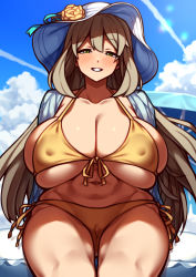 Rule 34 | 1girl, absurdres, bikini, breasts, cleavage, covered erect nipples, curvy, green eyes, grey hair, highres, huge breasts, long hair, looking at viewer, nikuatsu magician shinbo, sitting, smile, solo, swimsuit, wide hips