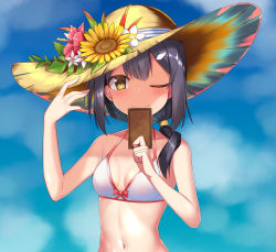 Rule 34 | 1girl, alternate hair length, alternate hairstyle, bikini, blue sky, breasts, camera phone, cellphone, cloud, commentary request, day, fate/kaleid liner prisma illya, fate (series), flower, hair over shoulder, hat, highres, long hair, looking at viewer, misakisanakichi, miyu edelfelt, one eye closed, phone, sky, small breasts, smile, solo, straw hat, sun hat, sunflower, swimsuit, upper body, white bikini