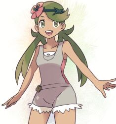 1girl bare_shoulders breasts creatures_(company) dark-skinned_female dark_skin flower game_freak green_eyes green_hair hair_flower hair_ornament long_hair mallow_(pokemon) meis_(terameisu) nintendo overall_shorts overalls pokemon pokemon_sm sleeveless teeth twintails upper_teeth_only