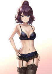 Rule 34 | 1girl, black panties, blue bra, blue eyes, bra, breasts, closed mouth, collarbone, commentary request, fate/grand order, fate (series), garter straps, gradient background, hair bun, hair ornament, hand on own hip, highres, hip focus, katsushika hokusai (fate), lace, lace-trimmed bra, lace trim, leaf print, looking at viewer, mashuu (neko no oyashiro), medium breasts, miniskirt, navel, panties, purple hair, revision, short hair, single hair bun, skirt, smile, solo, swept bangs, thighs, twitter username, underwear, underwear only, wavy hair