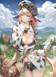 Rule 34 | 1girl, absurdres, animal ears, animal print, bag, bell, bikini, black bikini, blue eyes, bottle, breasts, brown choker, choker, closed mouth, collared shirt, commentary, cow ears, cow print, day, english commentary, extra ears, hair ornament, hairclip, hat, highres, holding, holding bottle, jingle bell, jung wonjo, large breasts, long sleeves, mole, mole under eye, navel, neck bell, open clothes, open shirt, original, outdoors, partially unbuttoned, pink hair, print shirt, shirt, short shorts, shorts, shoulder bag, signature, smile, solo, string bikini, swimsuit