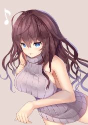 Rule 34 | 1girl, ahoge, alternate costume, aran sweater, backless dress, backless outfit, bare arms, bare back, bare shoulders, beamed quavers, blue eyes, breasts, brown hair, butt crack, cable knit, commentary request, dress, grey sweater, halterneck, ichinose shiki, idolmaster, idolmaster cinderella girls, large breasts, long hair, looking at viewer, meme attire, musical note, naked sweater, quaver, ribbed sweater, se-u-ra, sideboob, sleeveless, sleeveless turtleneck, solo, sweater, sweater dress, turtleneck, turtleneck sweater, virgin killer sweater, wardrobe error, wavy hair