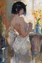 Rule 34 | 1girl, absurdres, artist name, back, backless dress, backless outfit, bare back, bare shoulders, black hair, blue hair, blush, bob cut, breasts, canvas (medium), commentary, diagonal bangs, dress, faux traditional media, flower, from behind, genshin impact, green eyes, highres, impasto, large breasts, looking at viewer, looking back, median furrow, multicolored hair, painterly, ravine bells, short hair, shoulder blades, sideboob, sleeveless, sleeveless dress, solo, strapless, strapless dress, white dress, yelan (genshin impact)