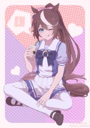 Rule 34 | 1girl, ;q, animal ears, aoi suzu, blouse, blue eyes, bow, bowtie, brown hair, drinking straw, highres, horse ears, horse girl, horse tail, indian style, long hair, looking at viewer, one eye closed, pleated skirt, ponytail, purple shirt, school uniform, shirt, sitting, skirt, smile, solo, tail, thighhighs, tokai teio (umamusume), tongue, tongue out, umamusume, white hair, white thighhighs