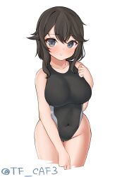 Rule 34 | 1girl, absurdres, alternate costume, black hair, black one-piece swimsuit, blush, breasts, brown hair, competition swimsuit, covered navel, cowboy shot, grey eyes, hair between eyes, hayasui (kancolle), highleg, highleg swimsuit, highres, kantai collection, large breasts, looking at viewer, multicolored clothes, multicolored swimsuit, one-piece swimsuit, short hair, simple background, smile, solo, swimsuit, tf cafe, twitter username, two-tone swimsuit, white background, white one-piece swimsuit