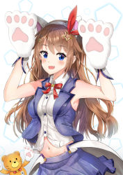 Rule 34 | animal ears, animal hands, ankimo (tokino sora), blouse, blue eyes, bow, brown hair, cat ears, commentary request, hair flaps, highres, hololive, jacket, long hair, looking at viewer, miniskirt, shirt, skirt, synn032, tokino sora, tokino sora (1st costume), virtual youtuber, white background, white shirt
