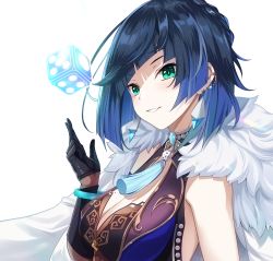 Rule 34 | 1girl, absurdres, akine (kuroyuri), bare shoulders, black gloves, blue hair, blunt bangs, blush, bob cut, breasts, cleavage, commentary request, dice, fur-trimmed jacket, fur trim, genshin impact, gloves, green eyes, grin, hand up, highres, jacket, jacket on shoulders, large breasts, looking at viewer, mole, mole on breast, short hair, simple background, sleeveless, smile, solo, upper body, white background, white jacket, yelan (genshin impact)