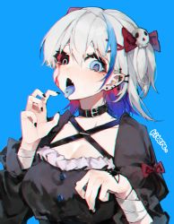 Rule 34 | 1girl, absurdres, artist name, bandaged arm, bandages, belt buckle, belt collar, black collar, black dress, black nails, black sclera, bleeding, blood, blood on face, blue background, blue eyes, blue hair, blue tongue, bow, buckle, chromatic aberration, collar, colored sclera, colored tongue, commentary, dress, ear piercing, earrings, eyelashes, fang, frilled dress, frills, grey hair, hair between eyes, hair bow, hair ornament, hairclip, hands up, heterochromia, highres, jewelry, kitere, looking at viewer, mole, mole under eye, multicolored hair, nail polish, open mouth, original, piercing, red bow, simple background, skin fang, skull hair ornament, solo, streaked hair, tareme, upper body