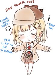Rule 34 | !, 1girl, :&lt;, blonde hair, blush, brown headwear, brown jacket, brown skirt, chibi, closed eyes, closed mouth, collared shirt, commentary, english text, facing viewer, full body, hair ornament, highres, hitsukuya, hololive, hololive english, jacket, long hair, long sleeves, necktie, open clothes, open jacket, outstretched arms, pleated skirt, pocket watch, red necktie, shirt, simple background, skirt, sleeves past wrists, solo, standing, v-shaped eyebrows, virtual youtuber, watch, watson amelia, watson amelia (1st costume), white background, white shirt