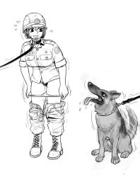 Rule 34 | 1girl, animal collar, belt, belt collar, breasts, clothes pull, collar, collared shirt, cross-laced footwear, dog, erection, eye contact, female soldier, flying sweatdrops, full body, gogocherry, greyscale, helmet, highres, leash, looking at another, medium breasts, military, military uniform, monochrome, open belt, panties, pants, pants pull, panty pull, penis, pubic hair, pulled by self, pussy juice, shirt, short hair, simple background, slave, solo, tail, tail wagging, tongue, tongue out, translation request, uncensored, underwear, undressing, uniform, white background