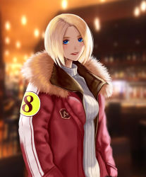 1girl, absurdres, alternate costume, blonde hair, blue eyes, blue mary, blurry, blurry background, booger wang, breasts, casual, coat, collar, fatal fury, forehead, fur collar, hands in pockets, highres, lips, looking at viewer, medium breasts, night, open clothes, open coat, parted hair, red collar, ribbed sweater, short hair, smile, solo, straight hair, sweater, the king of fighters, turtleneck, turtleneck sweater, white sweater, winter clothes, winter coat