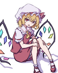 Rule 34 | 1girl, absurdres, ascot, blonde hair, bow, collar, collared shirt, crystal, fang, flandre scarlet, frilled shirt, frilled shirt collar, frilled skirt, frilled sleeves, frills, hat, hat ribbon, highres, kame (kamepan44231), looking at viewer, medium hair, mob cap, one-hour drawing challenge, one side up, puffy short sleeves, puffy sleeves, red bow, red eyes, red footwear, red ribbon, red skirt, red vest, ribbon, shirt, short hair, short sleeves, simple background, sitting, skirt, skirt set, solo, touhou, vest, white background, white hat, white shirt, wings, yellow ascot