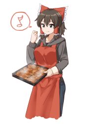 Rule 34 | 1girl, :t, apron, black eyes, black hoodie, black shirt, blue pants, bow, brown hair, cinnamon bun, cinnamon roll, closed mouth, commentary request, cookie (touhou), cowboy shot, denim, eating, food, frilled bow, frills, gnzy, hair between eyes, hair bow, hakurei reimu, holding, holding tray, hood, hoodie, jeans, long sleeves, looking down, maru (cookie), mittens, musical note, oven mitts, pants, red apron, red bow, shirt, short hair, simple background, single mitten, solo, spoken musical note, steam, touhou, transparent background, tray
