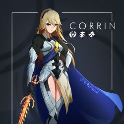 Rule 34 | 1girl, alternate hair color, armor, black background, black gloves, black shirt, blonde hair, blue cape, breasts, cape, character name, closed mouth, clothing cutout, collared shirt, corrin (female) (fire emblem), corrin (fire emblem), feet out of frame, fire emblem, fire emblem fates, gloves, hair between eyes, hairband, hand on own hip, holding, holding sword, holding weapon, juliet sleeves, kuno (runkunochan), legs together, long hair, long sleeves, medium breasts, nintendo, orange eyes, puffy sleeves, shirt, sidelocks, simple background, solo, sword, thigh cutout, twitter username, weapon, yato (fire emblem)