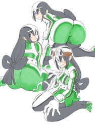 Rule 34 | 1girl, ass, asui tsuyu, bodysuit, boku no hero academia, boots, frog girl, goggles, goggles on head, green bodysuit, highres, long hair, long tongue, looking at viewer, low-tied long hair, solo, thigh boots, thighhighs, tongue, toshinoshin