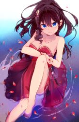 Rule 34 | 1girl, ahoge, bare shoulders, barefoot, blue eyes, blush, breasts, brown hair, cleavage, closed mouth, collarbone, cup, dress, drinking glass, hair between eyes, hair ornament, ichinose shiki, idolmaster, idolmaster cinderella girls, jewelry, long hair, looking at viewer, medium breasts, nail polish, necklace, obybuss, petals, red dress, red nails, sitting, sleeveless, sleeveless dress, smile, solo, strapless, strapless dress, water, wavy hair, wine glass