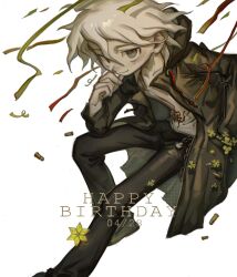 Rule 34 | 1boy, bbbbbaasos, black pants, closed mouth, clover, coat, confetti, danganronpa (series), danganronpa 2: goodbye despair, dated, four-leaf clover, grey eyes, happy birthday, highres, hood, hood down, hooded coat, komaeda nagito, long sleeves, looking at viewer, male focus, messy hair, open clothes, open coat, pants, shirt, shoes, simple background, solo, star (symbol), streamers, white hair