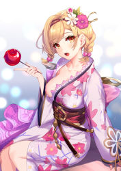 Rule 34 | 1girl, :d, aki663, blonde hair, blurry, blurry background, blush, braid, breasts, candy apple, cleavage, collarbone, commentary request, depth of field, djeeta (granblue fantasy), feet out of frame, floral print, flower, food, from side, granblue fantasy, hair bobbles, hair flower, hair ornament, highres, holding, holding food, japanese clothes, kimono, long hair, long sleeves, looking at viewer, looking to the side, medium breasts, obi, open mouth, orange eyes, pink flower, print kimono, purple kimono, sash, single hair intake, sitting, smile, solo, swept bangs, twin braids, white flower, wide sleeves