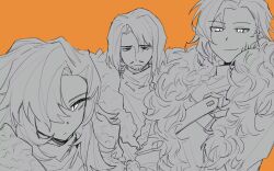 Rule 34 | 1boy, 2girls, beard stubble, closed mouth, coat, facial hair, fur-trimmed coat, fur trim, greyscale with colored background, hair over one eye, highres, ivy (675671), limbus company, lion (project moon), long hair, long sleeves, looking at viewer, multiple girls, mustache, panther (project moon), project moon, scar, simple background, smile, stubble, sweater, very long hair, wolf (project moon), yellow background