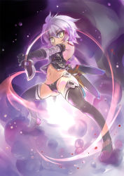 Rule 34 | 1girl, bikini, bikini bottom only, black gloves, combat knife, dual wielding, fate/apocrypha, fate/grand order, fate (series), fighting stance, gloves, holding, jack the ripper (fate/apocrypha), knife, looking at viewer, navel, rori chuushin, scar, short hair, silver hair, solo, swimsuit, thighhighs, weapon, yellow eyes